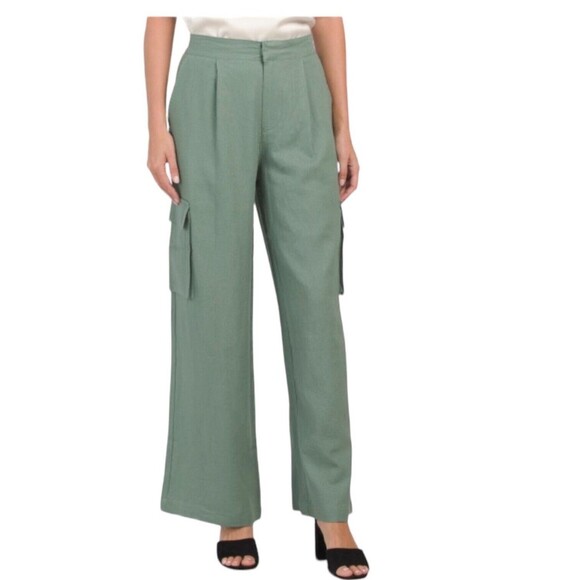 7 For All Mankind Cargo Pants Green Linen Blend Wide Leg High Rise Women’s M NWT - Picture 1 of 16